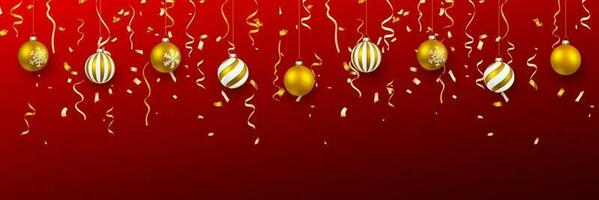 Kerstmis bal met confetti. Kerstmis bal Aan rood achtergrond. vakantie decoratie sjabloon. vector illustratie