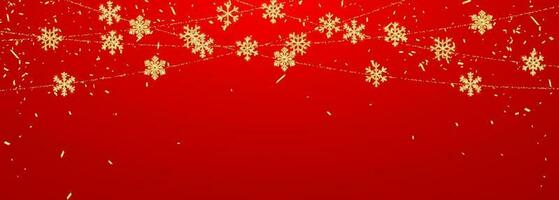 Kerstmis of nieuw jaar gouden sneeuwvlok decoratie slinger Aan rood achtergrond. hangende schitteren sneeuwvlok. vector illustratie
