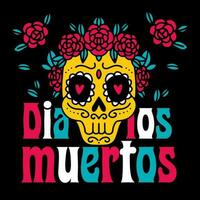 dia de Muertos skelet s suiker schedel poster of groet kaart met roos bloemen en bladeren. tekening hand- getrokken vector illustratie