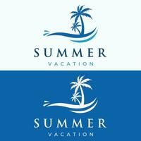 strand zomer vakantie creatief logo sjabloon met golven, palm bomen en surfen bord symbolen in retro stijl.embleem, label, affiche, kenteken. vector