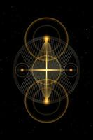 planetair heilig geometrie, goud lijnen overlappen, driehoeken vorm Aan cirkels. banen van energie cirkel. alchimie, magie, esoterisch, occultisme symbolen. gouden goddelijk kruis, vector geïsoleerd, zwart achtergrond