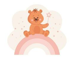 schattig tekenfilm teddy beer met een magie toverstaf Aan een regenboog. baby illustratie, groet kaart, vector