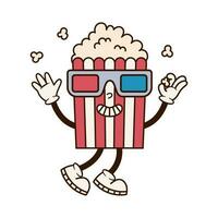 groovy koel popcorn karakter met 3d bioscoop bril. schattig retro mascotte voor film theater. tekenfilm geïsoleerd vector illustratie.