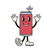 groovy gelukkig cola kan karakter. schattig retro Frisdrank mascotte. tekenfilm geïsoleerd vector illustratie.