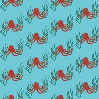 oranje Octopus met zeewier in tekenfilm stijl. naadloos patroon. vector illustratie.