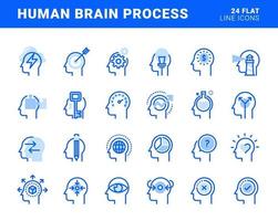 set van platte lijn iconen van menselijk hersenproces, emoties, geestelijke gezondheid, creatief proces, zakelijke oplossingen, karakterervaring, leren, strategie en ontwikkeling, kansen. vector