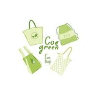 een reeks van maas en textiel Tassen voor winkelen, opslagruimte voor een milieuvriendelijk leven. eco boodschappen doen Tassen. verspilling levensstijl concept. vector illustratie.