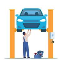 auto reparatie. auto monteur in de buurt de auto opgeheven Aan autoliften. auto onderhoud en reparatie, diagnostiek. auto onderhoud. vector illustratie.