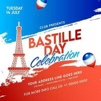 Bastille dag viering uitnodiging, poster of folder ontwerp met evenement details Aan Frankrijk vlag kleur borstel beroerte achtergrond. vector