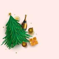 illustratie van groen Kerstmis boom met 3d Champagne fles, kerstballen, sneeuwvlokken en geschenk doos Aan pastel roze achtergrond. vector