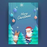 vrolijk Kerstmis groet kaart of sjabloon ontwerp met tekenfilm de kerstman claus, rendier, Kerstmis bomen, sneeuwvlok en hangende snuisterij Aan helling blauw achtergrond. vector