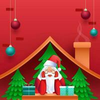 schattig de kerstman claus met geschenk dozen, Kerstmis bomen binnen schoorsteen huis en hangende kerstballen versierd Aan rood achtergrond. vector