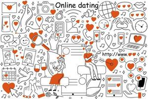 online dating tekening set. verzameling van hand- getrokken schetsen sjablonen patronen van Mens vriendje vrouw vriendin vinden liefde en communiceren via internet sociaal netwerk. relaties Aan afstand. vector