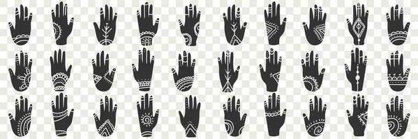 menselijk handen met occult tekens tekening set. verzameling van hand- getrokken divers zwart menselijk handen met geestelijk tekens en symbolen in rijen geïsoleerd Aan transparant vector