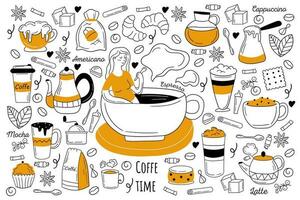 koffie tijd tekening set. verzameling van hand- getrokken schetsen Sjablonen van heet sterk cappuccino americano espresso latte mokka kopjes. energie drankjes met cafeïne illustratie. vector