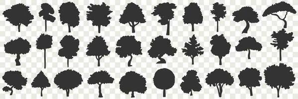 silhouetten van bomen tekening set. verzameling van hand- getrokken zwart silhouetten van divers bloeiend bomen natuur in rijen geïsoleerd Aan transparant vector