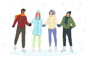 schaatsen met vrienden jongens, meisjes winter amusement, vriendschap concept. vector