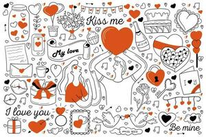 liefde tekening set. verzameling van hand- getrokken schetsen Sjablonen van aanhankelijk paar in liefde zoenen knuffelen omhelzing samen. tederheid en positief emoties met hart symbool illustratie. vector