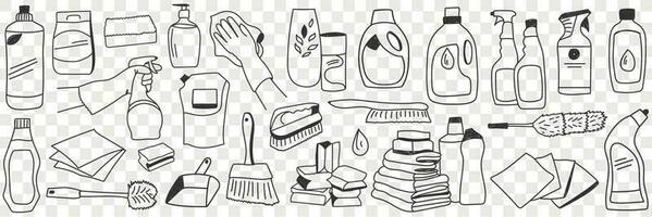 huiswerk uitrusting en gereedschap tekening set. verzameling van hand- getrokken divers sprays borstels handschoenen vloeistoffen voor schoonmaak en het wassen in rijen geïsoleerd Aan transparant vector