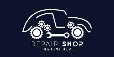 automotive reparatie en auto reparatie logo met creatief auto vorm en uitrusting ontwerp vector