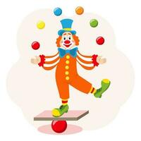 schattig grappig tekenfilm clown jongleur met ballen. kinderen kaart, afdrukken, kleurrijk illustratie, vector