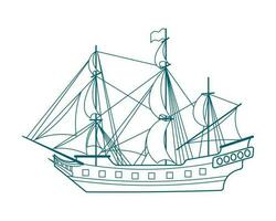 blauw lijn tekening van zee schip, fregat, karveel. gedetailleerd tekening, illustratie, vector
