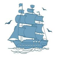 blauw zee schip, fregat, caravel met meeuwen. zee illustratie, vervoer, vector