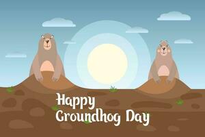 gelukkig groundhog dag, grappig tekenfilm groundhogs Aan zonsondergang achtergrond. feestelijk illustratie, afdrukken, vector