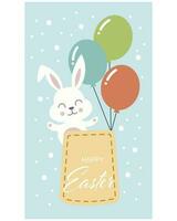 schattig Pasen konijn met eieren, bloemen en ballonnen. groet kaart, vakantie poster, tekenfilm kinderen stijl, vector. vector