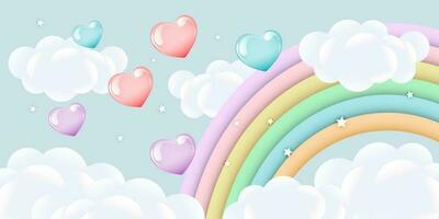 3d baby douche, regenboog met wolken en ballonnen Aan de sterrenhemel lucht, kinderen ontwerp in pastel kleuren. achtergrond, illustratie, vector. vector