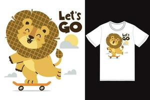 schattig leeuw spelen skateboard illustratie met t-shirt ontwerp premie vector