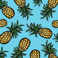 schattig tekenfilm geschetst ananas doodles vector illustratie patroon geïsoleerd Aan helder blauw plein achtergrond sjabloon. gemakkelijk vlak kunst gestileerd gezond voedsel tekening voor poster, omhulsel papier, afdrukken.