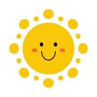 vector glimlachen zon in vlak ontwerp. grappig zon met gezicht. kinderachtig schattig zonneschijn emoji. gemakkelijk kawaii zon met ronde zonnestralen. baby zonneschijn met blozen.