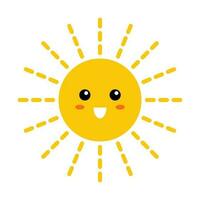 vector glimlachen zon in vlak ontwerp. positief illustratie van gelukkig zon met gezicht. kinderachtig schattig zonneschijn emoji. kawaii zon met stippel lijn zonnestralen. baby zonneschijn met blozen.