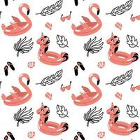 opblaasbaar flamingo's en eenhoorns, tropisch planten. zomer vakanties. naadloos patroon. vector