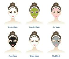 types van gelaats masker vector reeks geïsoleerd Aan wit achtergrond. schattig vrouw gezicht met behandeling masker. room, poeder, gel, Pel, vel en modder masker. huid zorg en schoonheid concept illustratie.