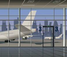 visie van de venster van de luchthaven Aan de vliegtuigen en wolkenkrabbers. vector. vector