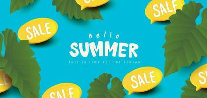zomer uitverkoop Promotie poster banier met zomer tropisch gevoel en geel uitverkoop toespraak bubbel vector