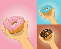 vector illustratie van een hand- Holding een donut met aardbei, bosbes en chocola room smaak variatie