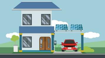 elektrisch sport auto parkeren opladen Bij huis muur doos oplader station. energie opslagruimte met fotovoltaïsche zonne- panelen Aan gebouw dak. met weg en groen gras en berg onder blauw lucht. vector