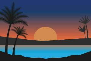 zomer zonsondergang strand vector achtergrond, zonsondergang tafereel landschap achtergrond, tropisch strand landschap illustratie, zonsondergang strand met palm bomen vector achtergrond, helling strand landschap achtergrond