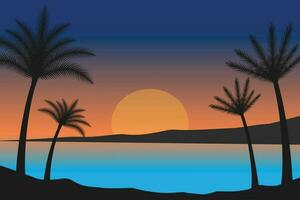 zomer zonsondergang strand vector achtergrond, zonsondergang tafereel landschap achtergrond, tropisch strand landschap illustratie, zonsondergang strand met palm bomen vector achtergrond, helling strand landschap achtergrond