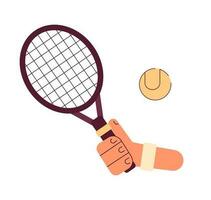 hand- met racket raken tennis bal semi vlak kleurrijk vector eerste visie hand. tennis sport- apparatuur. bewerkbare detailopname pov Aan wit. gemakkelijk tekenfilm plek illustratie voor web grafisch ontwerp