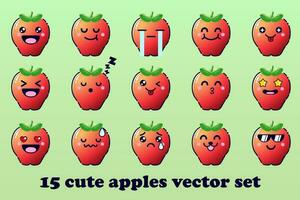 schattig tekenfilm appel fruit met kawaii gezichten en chibi stijl emoticon vector reeks