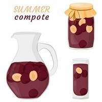 Pruim compote in een glas karaf, glas en kan. bessen voor een gezond zomer drankje. ingeblikt fruit. behoud voor toekomst gebruiken. vector illustratie in een vlak stijl.