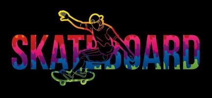 skateboard en skateboarder actie met tekst doopvont ontwerp vector