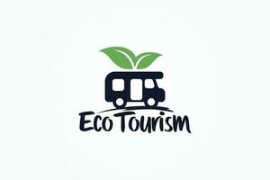 eco toerisme logo met een combinatie van een rv auto en bladeren vector