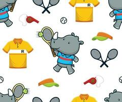naadloos patroon vector van tekenfilm neushoorn spelen tennis, rechtbank tennis sport elementen