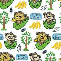 naadloos patroon vector van tekenfilm aap met banaan, bomen en bladeren