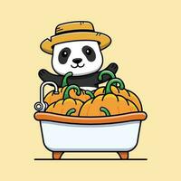 schattig panda tekenfilm karakter in een bad met pompoenen. vector illustratie.